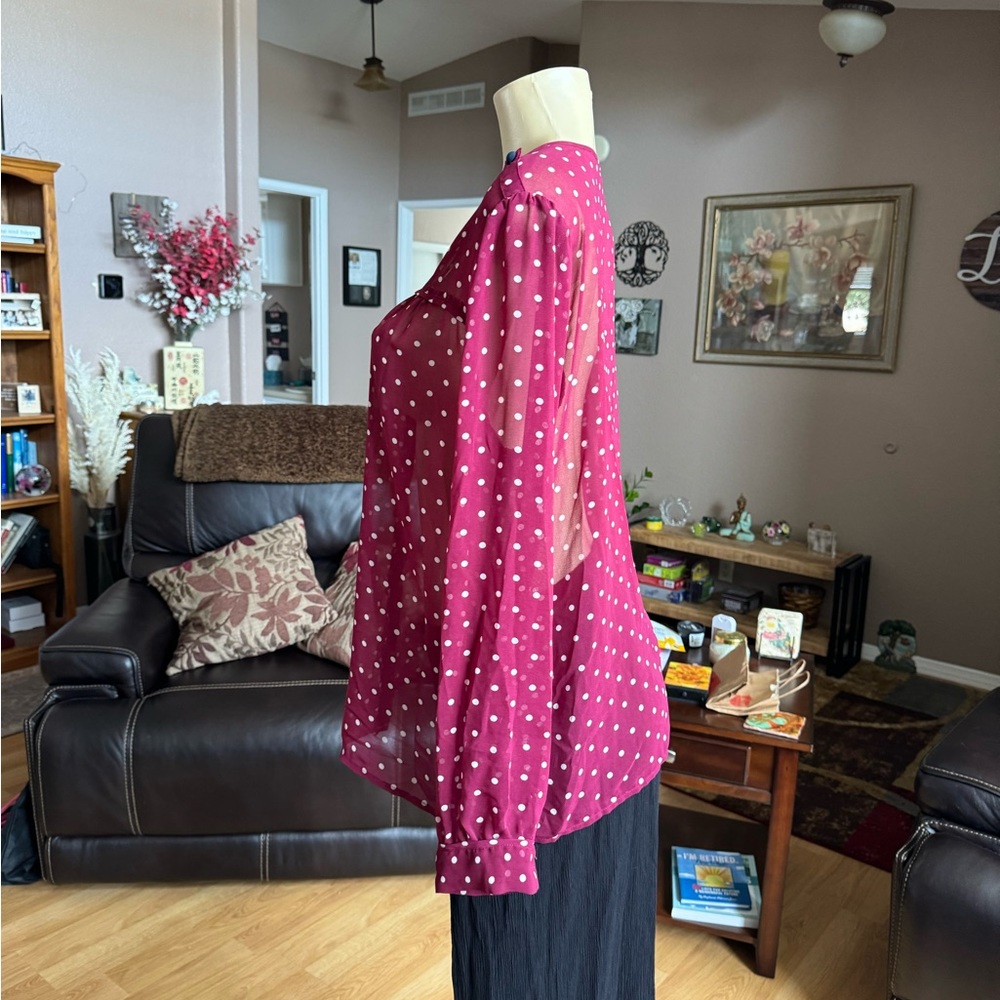 French Connection sheer red & white long sleeve blouse-size L - Picture 7 of 9